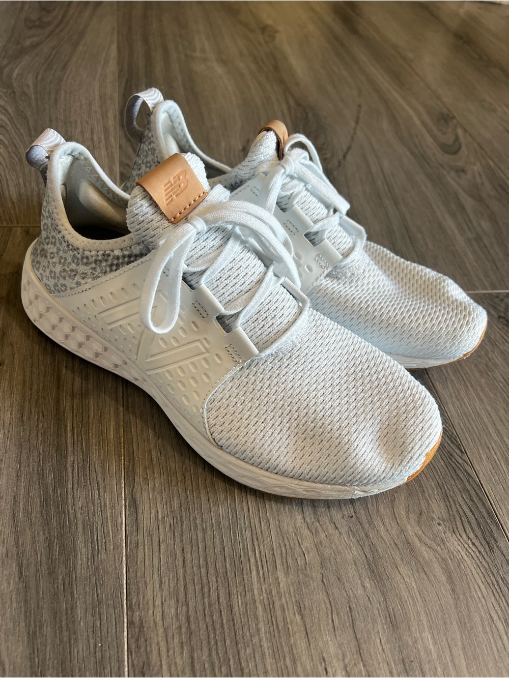 New Balance White Knit Sneakers with Tan Accents